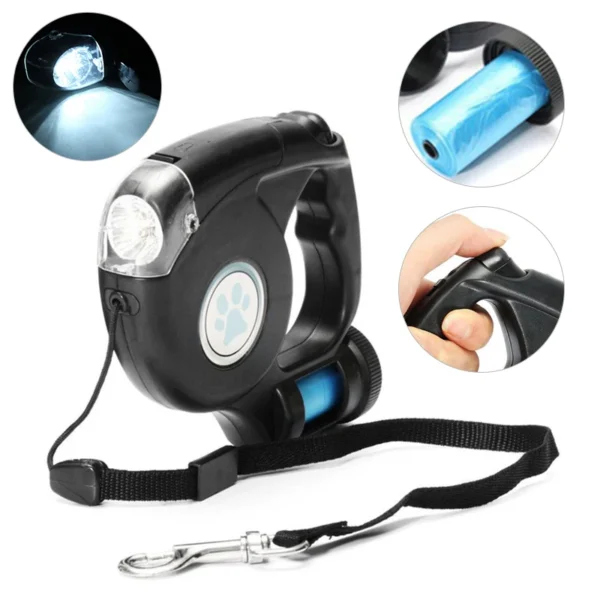 LED Dog Leash With Garbage Bag Automatic Pet Leash for Dogs Night Travel Safety